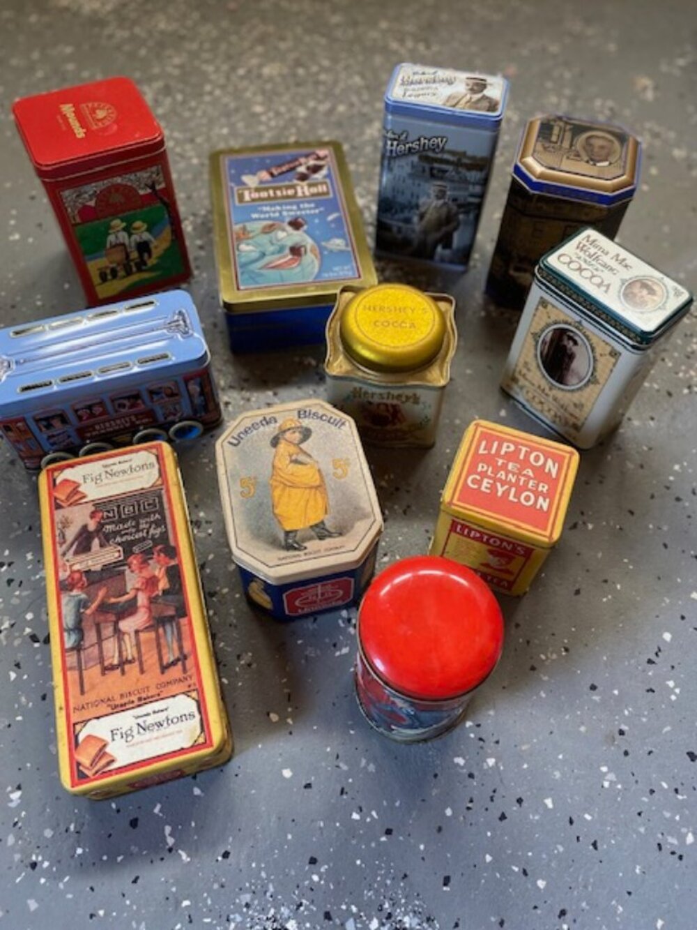 VINTAGE Set of 11 Metal Tins ranging from Hershey Cocoa, Lipton Tea plus more